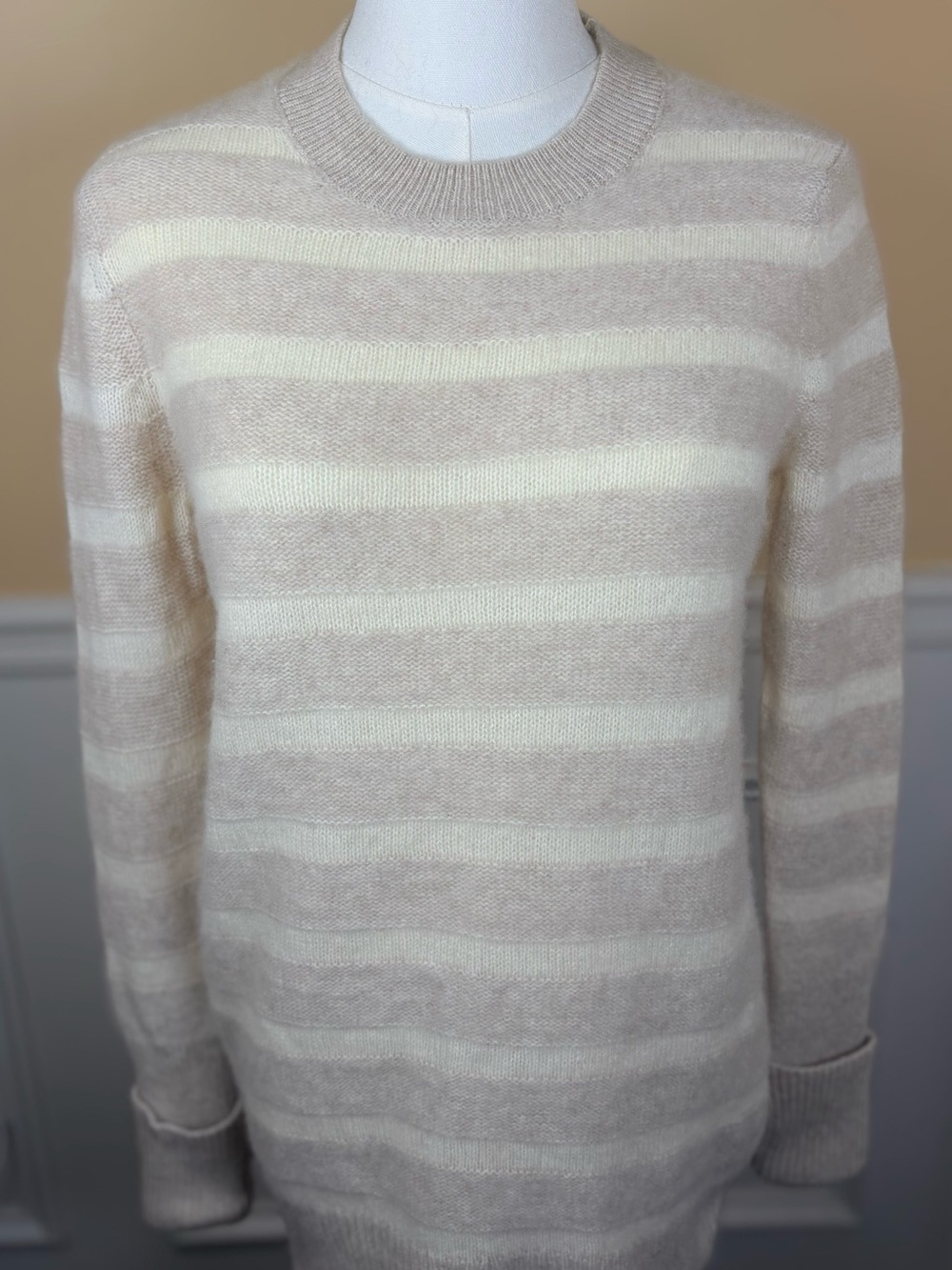 🤍 WHITE + WARREN 100% CASHMERE STRIPED CREWNECK SWEATER M
